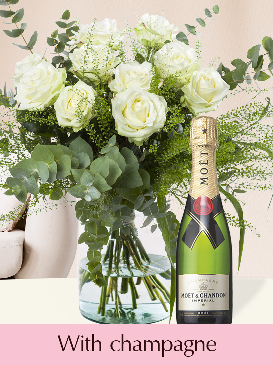 White roses with eucalyptus and Moët & Chandon champagne White roses with eucalyptus and Moët & Chandon champagne