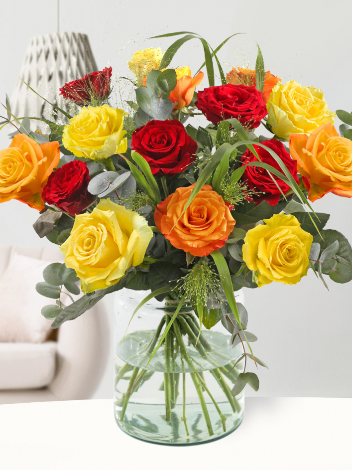 Red and Yellow Roses Bouquet with Eucalyptus
