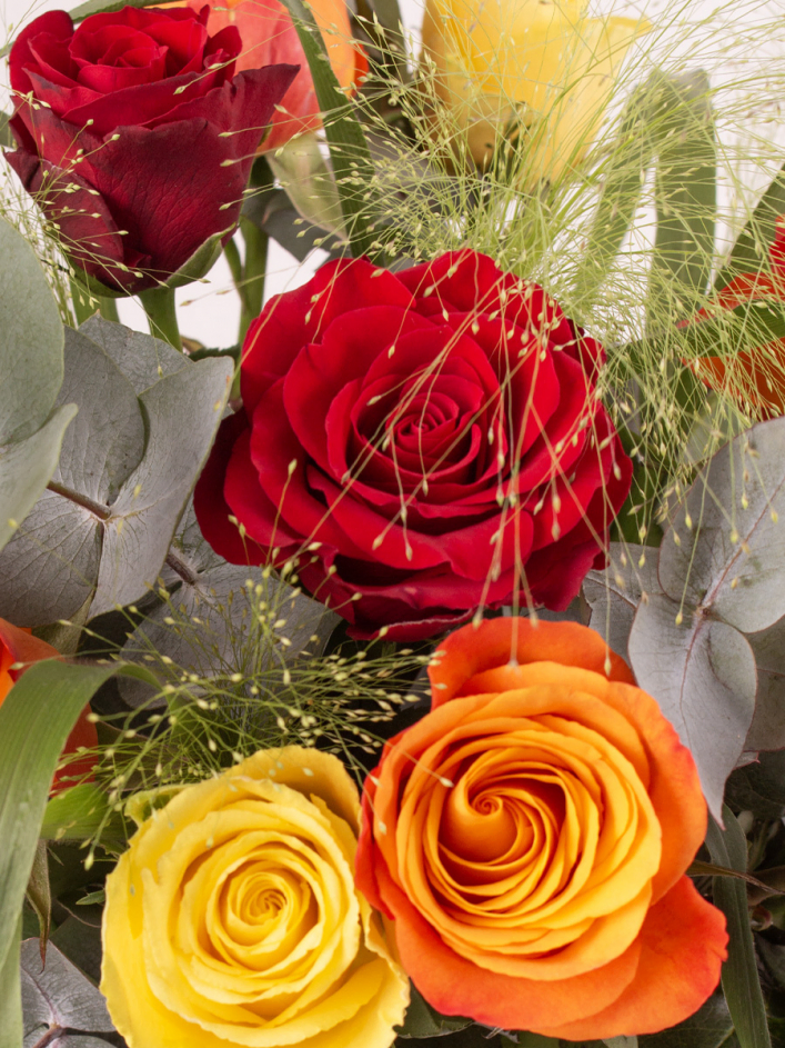 Red and Yellow Roses Bouquet with Eucalyptus