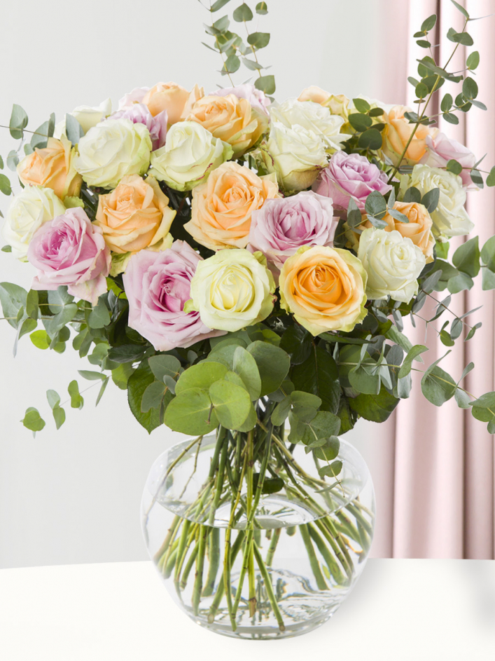 Pastel Avalanche Roses Bouquet with Eucalyptus