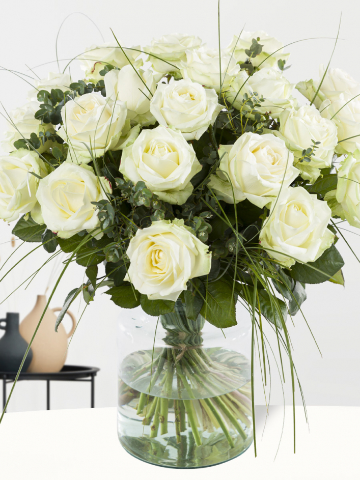 White Roses with Bear Grass Bouquet