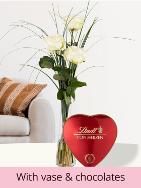Three white roses + vase + chocolates
