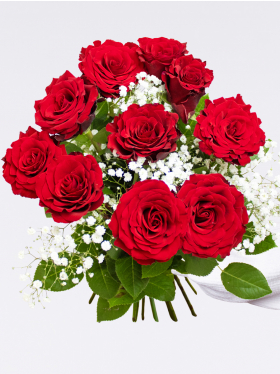 10 red roses with gypsophila + glass vase