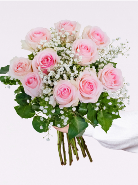 10 soft pink roses with gypsophila - free glass vase
