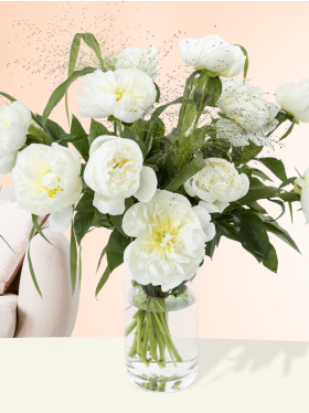 10 white peonies with panicum
