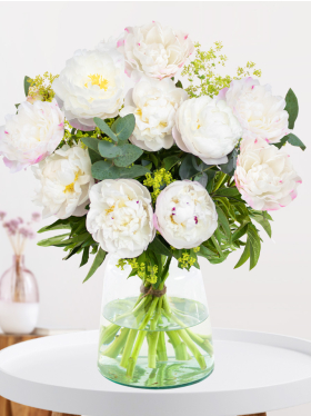 10 white-pink peonies eucalyptus and lady's mantle
