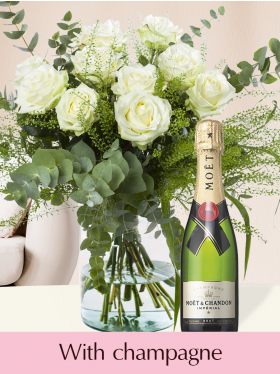White rose bouquet with champagne