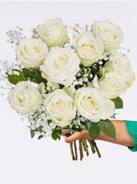10 white roses with gypsophila + free glass vase