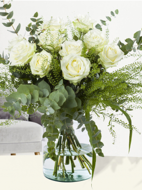 10 white roses with eucalyptus