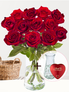 12 red roses - EverRed + Lindt heart + glass vase
