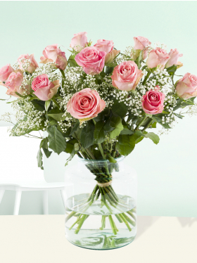 15 pink roses with gypsophila