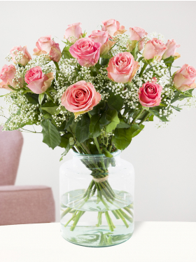 15 pink roses with gypsophila