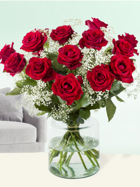 15 red roses with gypsophila
