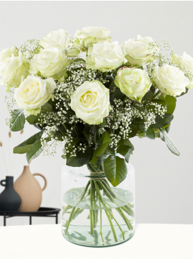 15 white roses with gypsophila