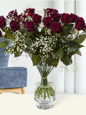 20 deep red roses with gypsophila - Black Baccara
