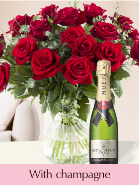 Red rose bouquet with champagne