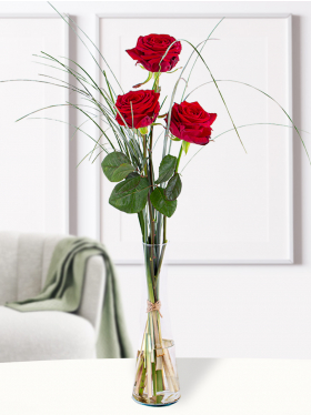 3 red roses including vase