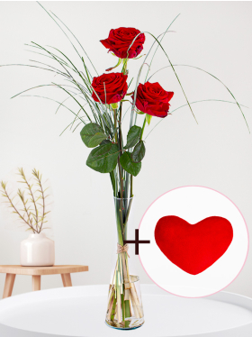 3 red roses with vase and plush heart