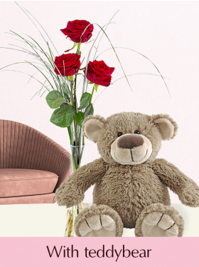 3 red roses with vase and teddybear