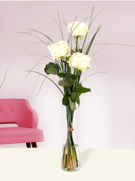Three white roses, including vase