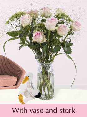 Baby bouquet pink with glass vase and stork