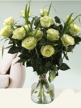 Bouquet of green roses with panicum and eucalyptus
