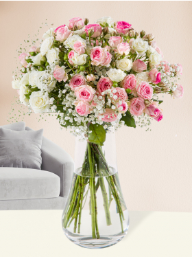 Pastel mix spray roses with gypsophila