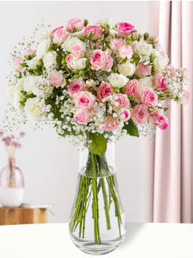 Pastelmix spray roses with gypsophila