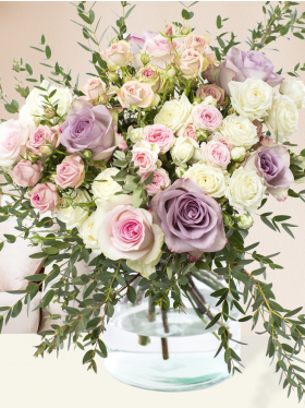 Pastel roses with eucalyptus