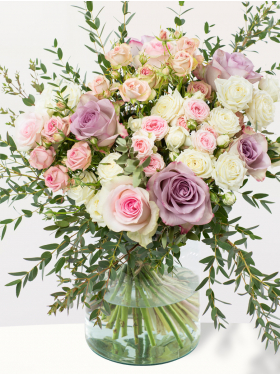 Pastel roses with eucalyptus
