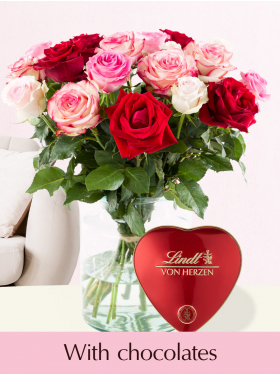 Pink-red rose bouquet with Lindt heart