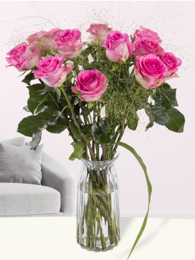 Pink rose bouquet with panicum + free glass vase