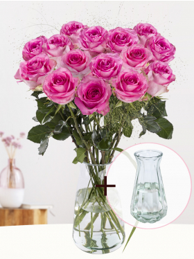 Pink rose bouquet with panicum + free glass vase