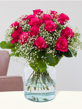 Pink Tacazzi roses with gypsophila