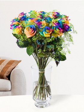 Rainbow roses with green gypsophila