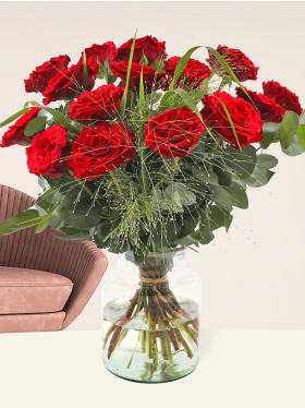 Red rose bouquet with eucalyptus and panicum