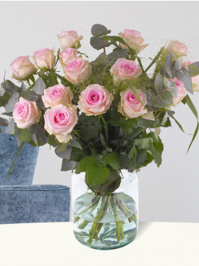 Soft pink rose bouquet with eucalyptus and panicum