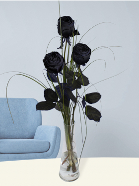 Three black roses, including vase