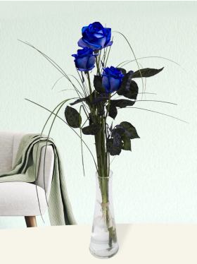 Three blue roses with vase