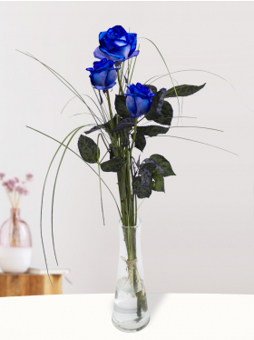 Three blue roses with vase