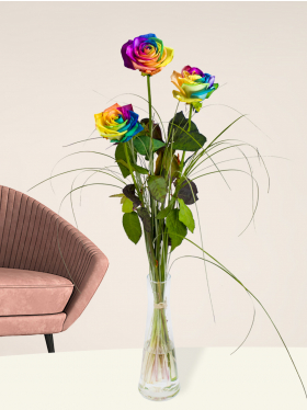 Three rainbow roses, including vase