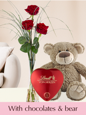 Three red roses with vase, Lindt heart and teddybear - Valentine's Day