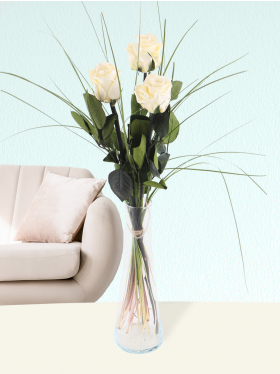 Three white long life roses including vase