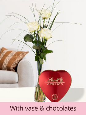 Three white roses + vase + chocolates