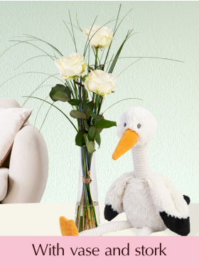 Three white roses with vase and stork