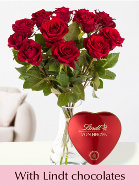Red roses for Valentine's Day with Lindt chocolates