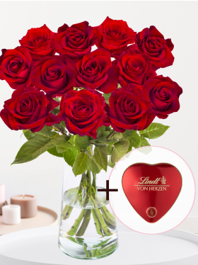 Red roses for Valentine's Day with Lindt chocolates