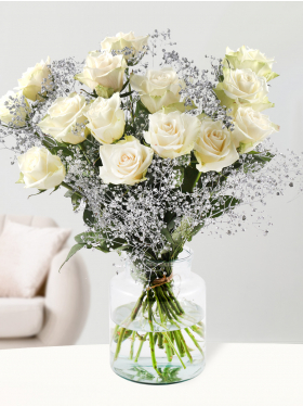 White rose bouquet with silver coloured gypsophila