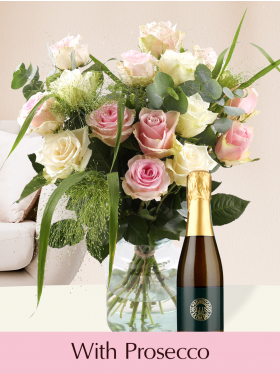 White-pink rose bouquet with Prosecco Piccolo