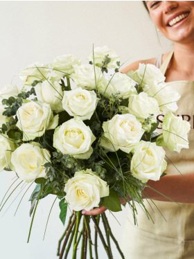 White rose bouquet with beargrass